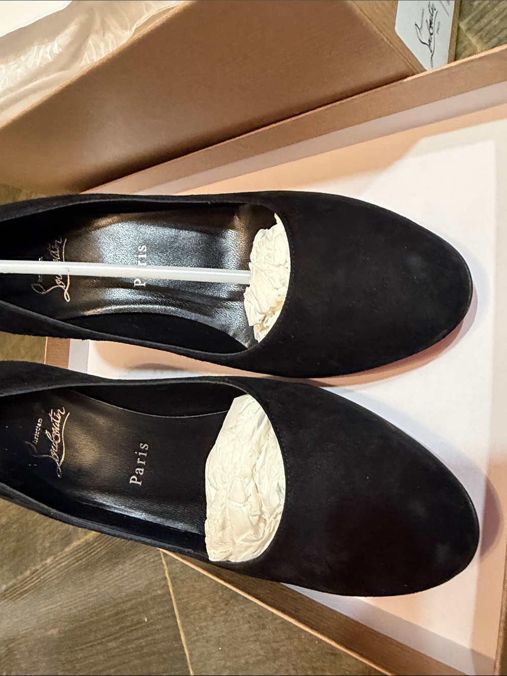 Christian Louboutin STELLA 70 Suede Pumps Flared Stiletto Heel Shoes Black - Picture 4 of 10